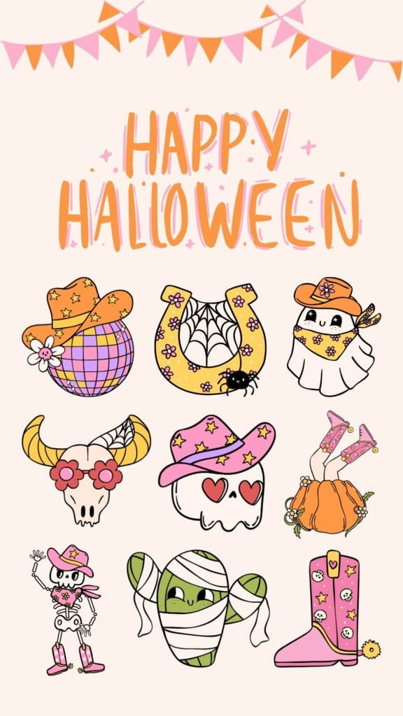 Colorful western retro halloween wallpaper with ghosts, skeletons, boots and pumpkins