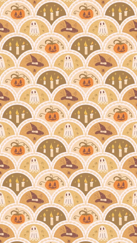 Vintage Halloween pattern with ghosts, pumpkins, witch hats and candles