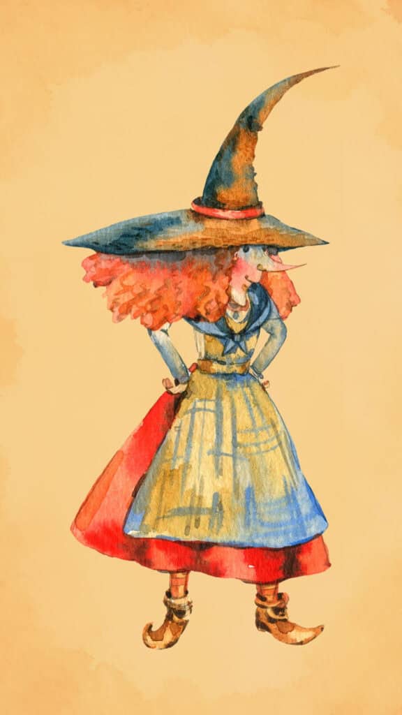 Vintage Halloween witch illustration with a pointed hat and colorful dress