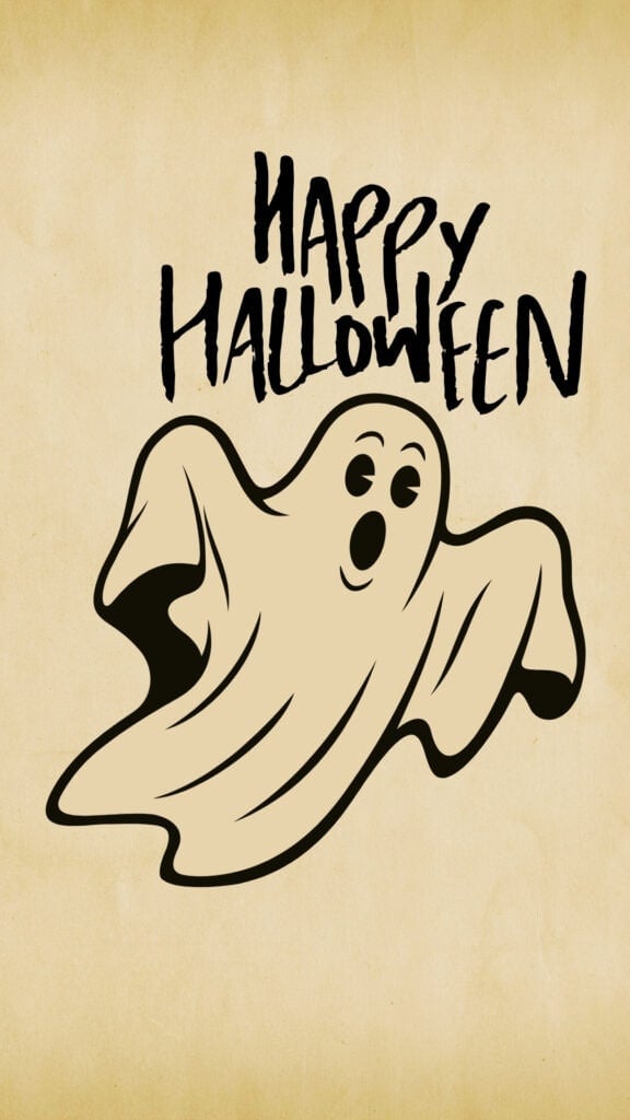 Vintage flying ghost with Happy Halloween lettering on aged paper
