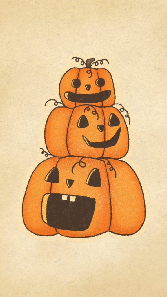 Vintage stacked jack-o-lantern illustration on an aged paper background