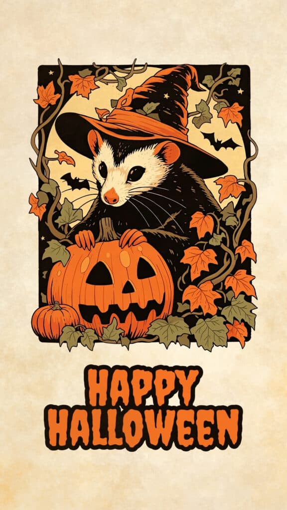 Vintage-style opossum wearing a witch hat beside a jack-o-lantern