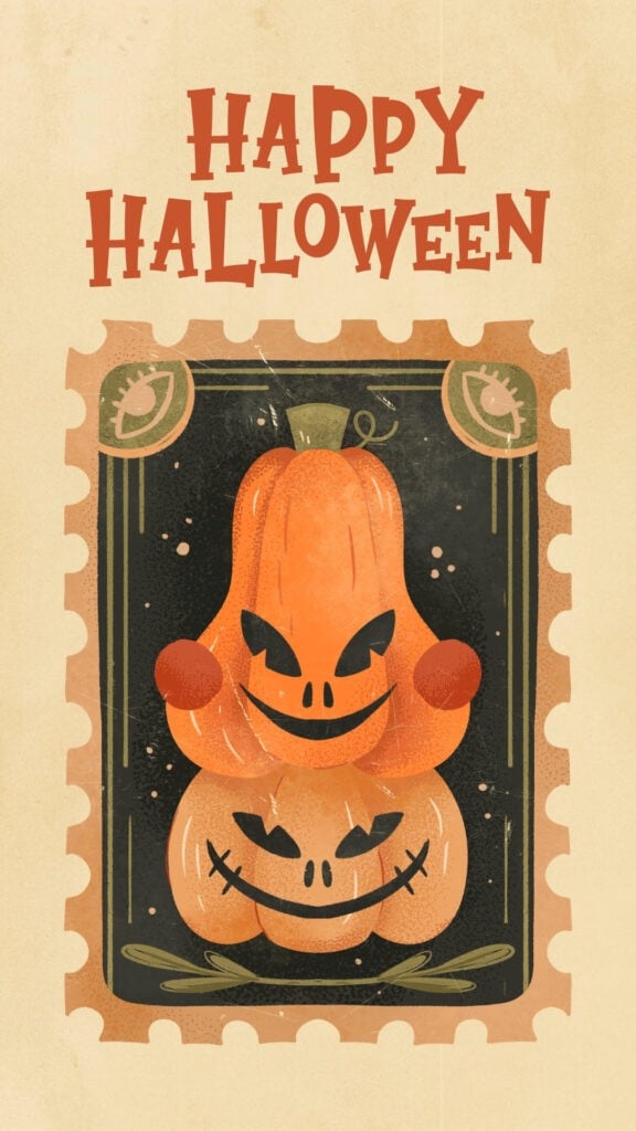 Vintage postage-stamp design with stacked Halloween pumpkins