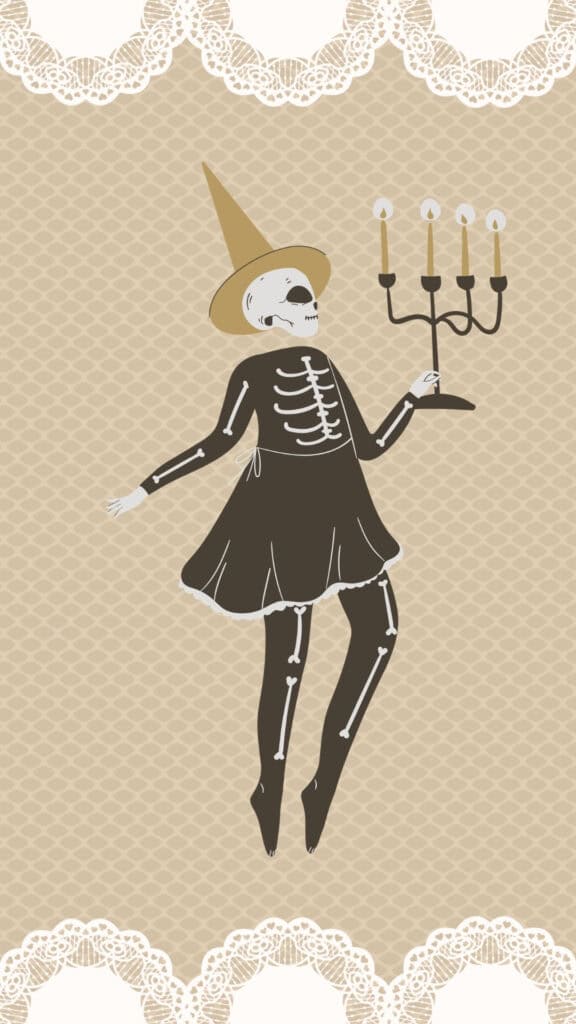 Vintage skeleton witch holding a candelabra with decorative lace borders