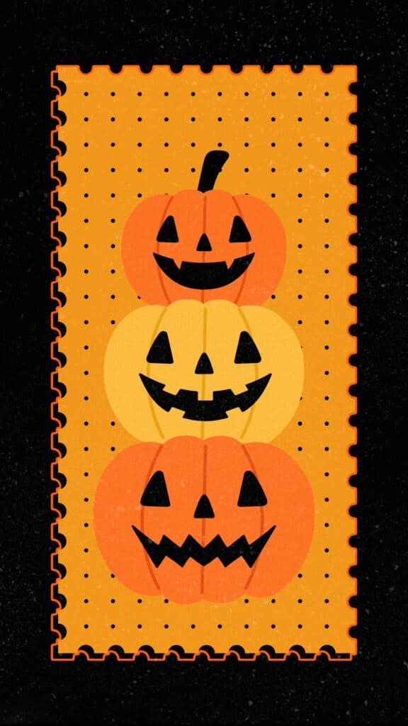 Three vintage jack-o-lanterns stacked on an orange Halloween background