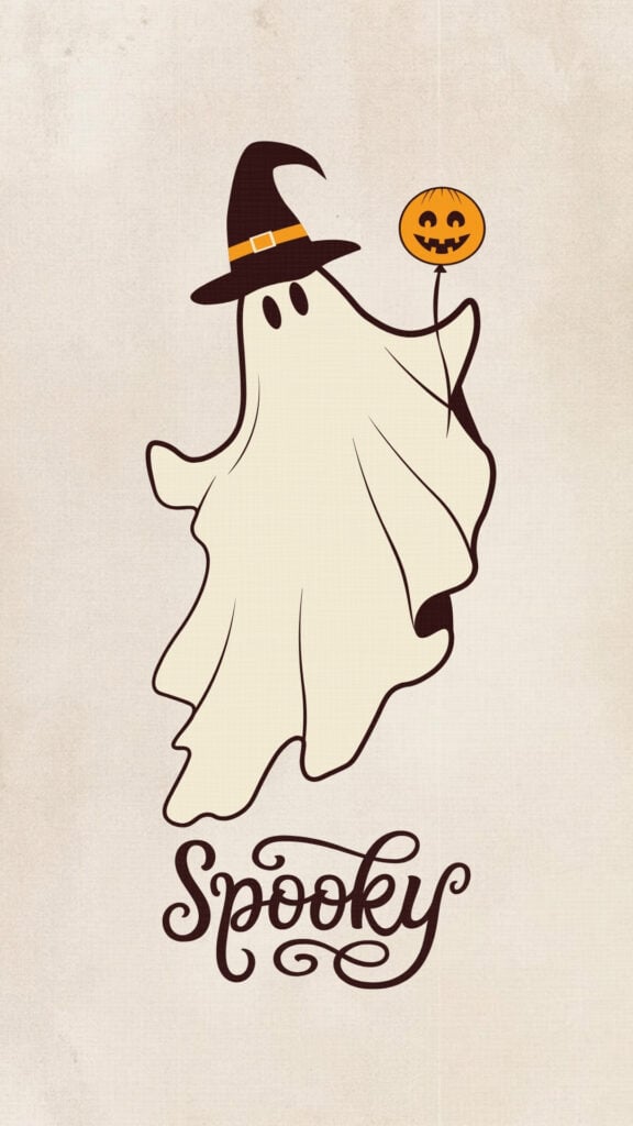 Vintage-style ghost in a witch hat holding a jack-o-lantern