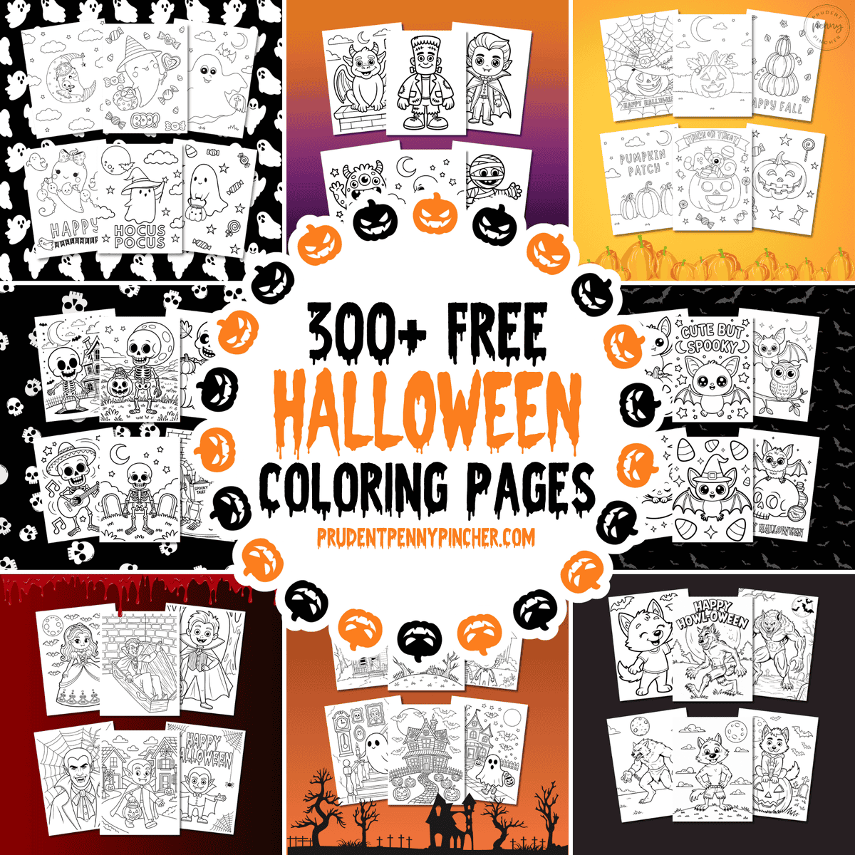 A collage of 300+ free Halloween coloring pages featuring ghosts, monsters, pumpkins, skeletons, vampires, haunted houses, bats, and werewolves.
