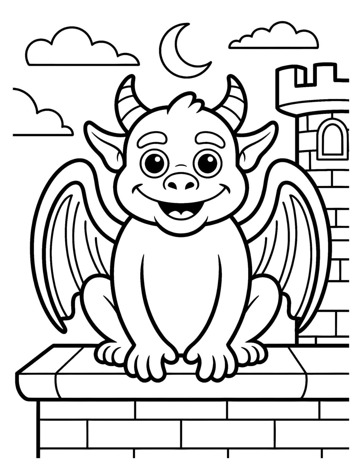 cute gargoyle monster at a castle coloring page