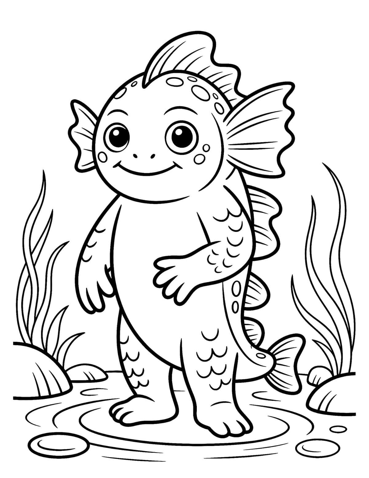 Friendly lagoon monster coloring page with fins, scales, and underwater plants