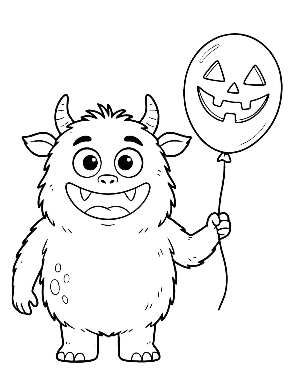 Furry Halloween monster holding a jack-o'-lantern balloon coloring page