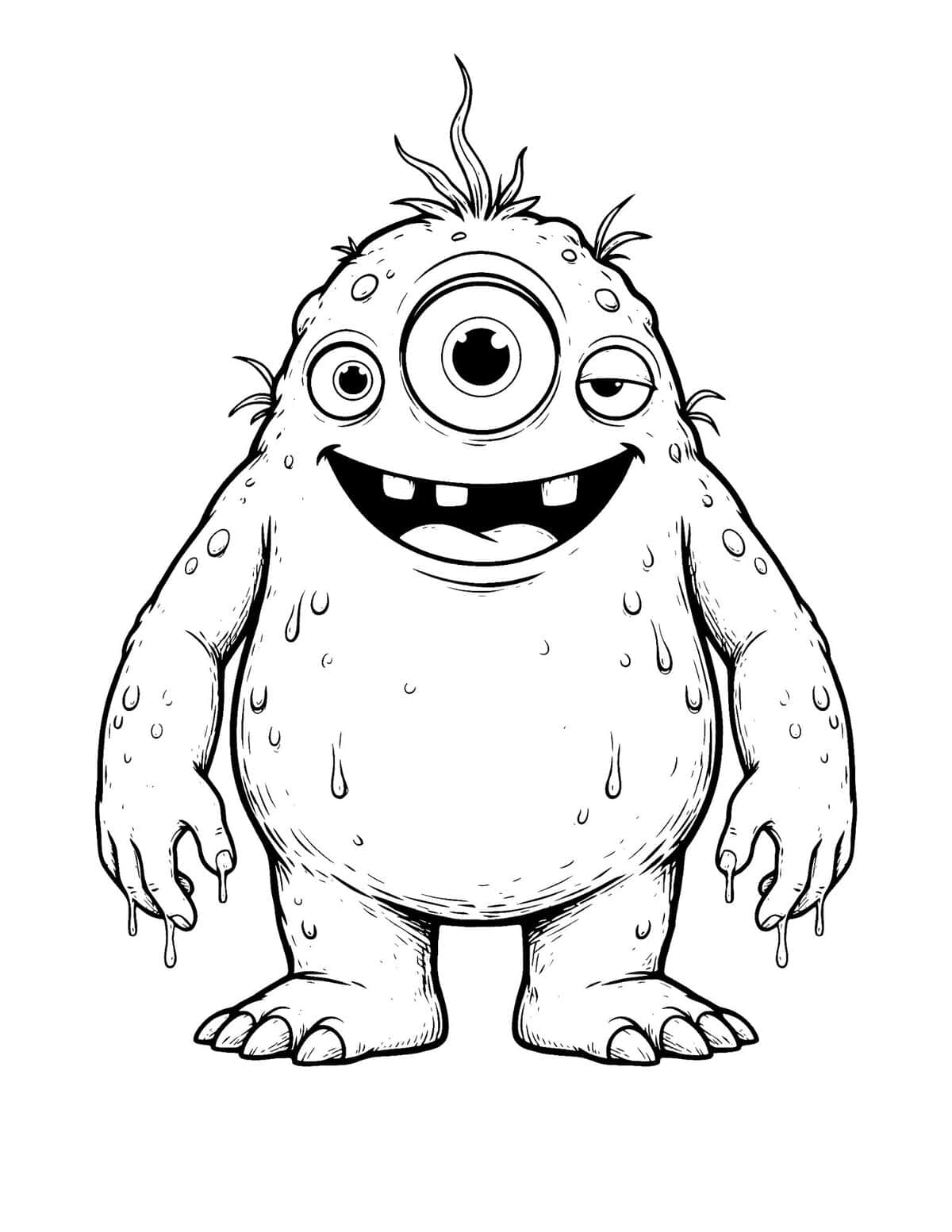 Goofy one-eyed drippy monster with a big grin and tiny tufts of hair