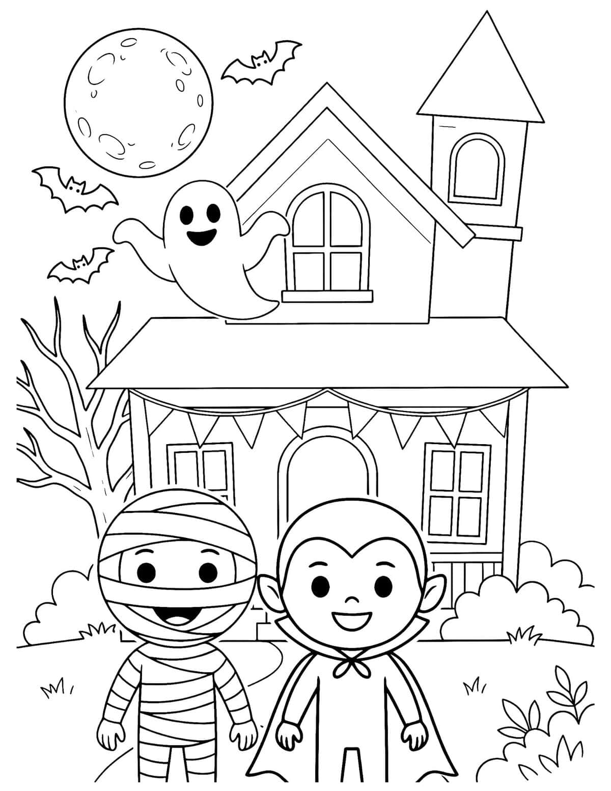 Mummy and Vampire at a Haunted House monster coloring page