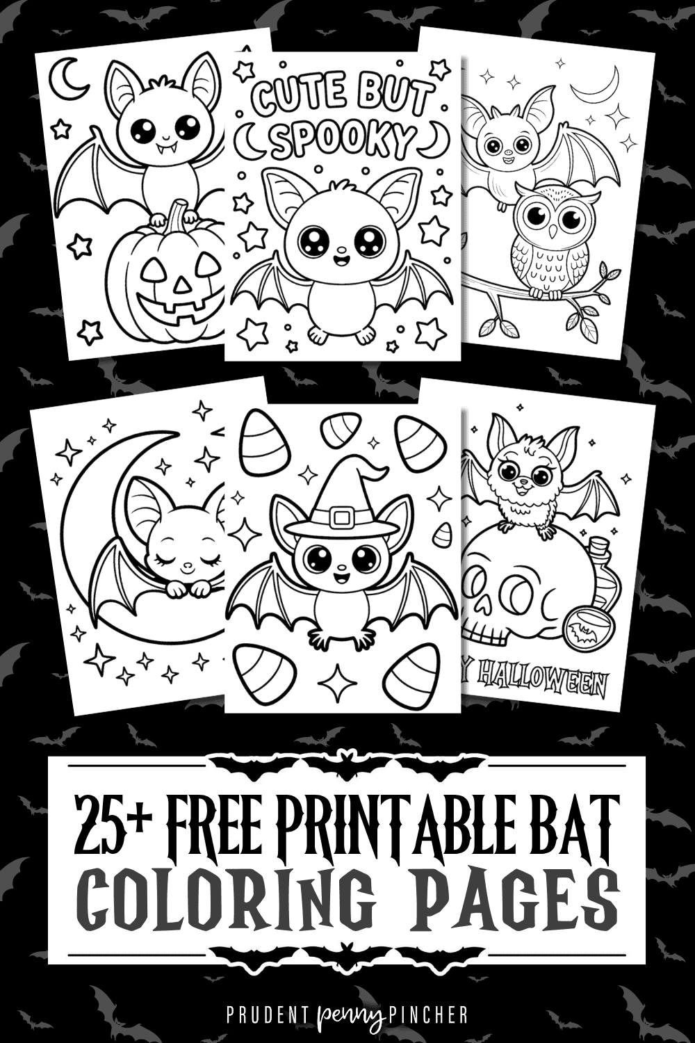 A collage of free printable bat coloring pages featuring cute bats, Halloween pumpkins, a witch bat, an owl, and spooky designs.