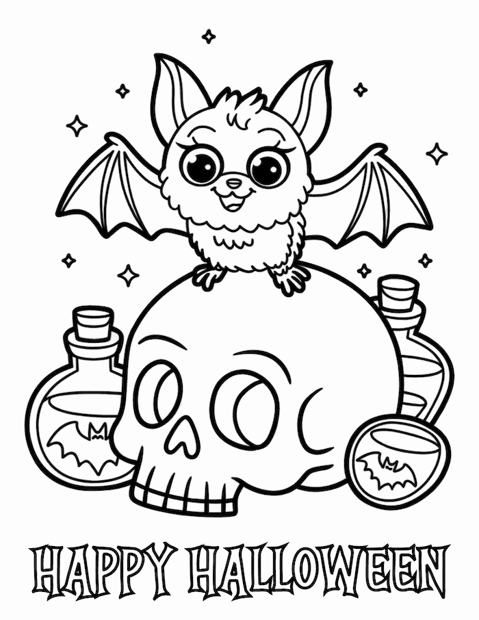 Bat and Skull Halloween Coloring Page