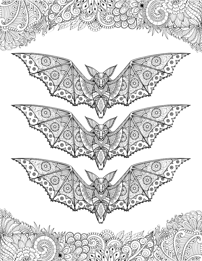 Intricate Flying Bats Coloring Page