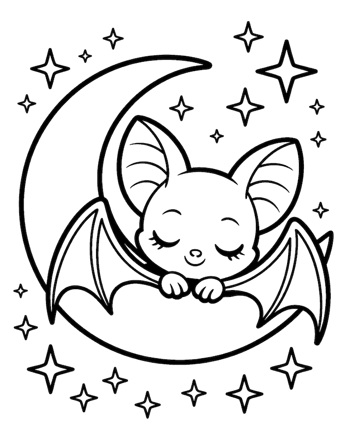 Sleeping Bat on the Moon Coloring Page