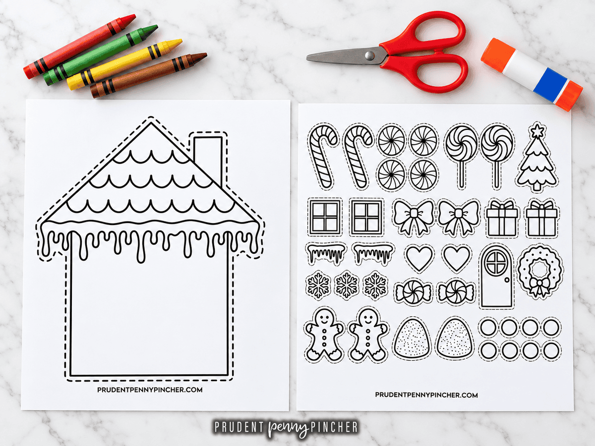 Free printable pages with crayons, scissors, and a glue stick on a white marble surface.