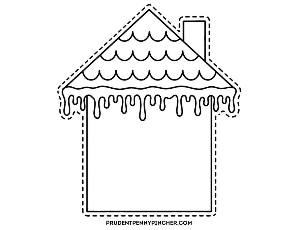 Free printable gingerbread house template with roof icing, chimney, and dashed cutting lines.