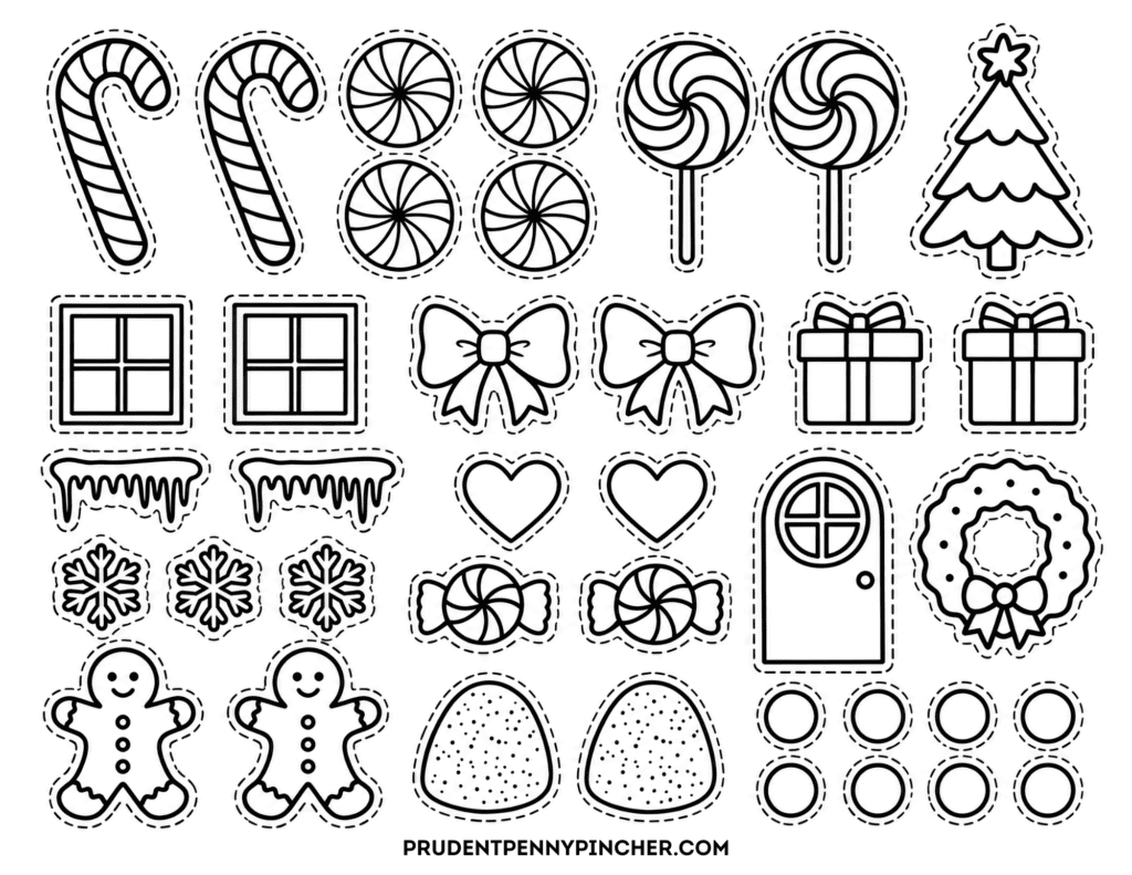 Printable gingerbread house decorations with candy canes, peppermint candies, windows, door, gumdrops, gingerbread people, and Christmas decorations