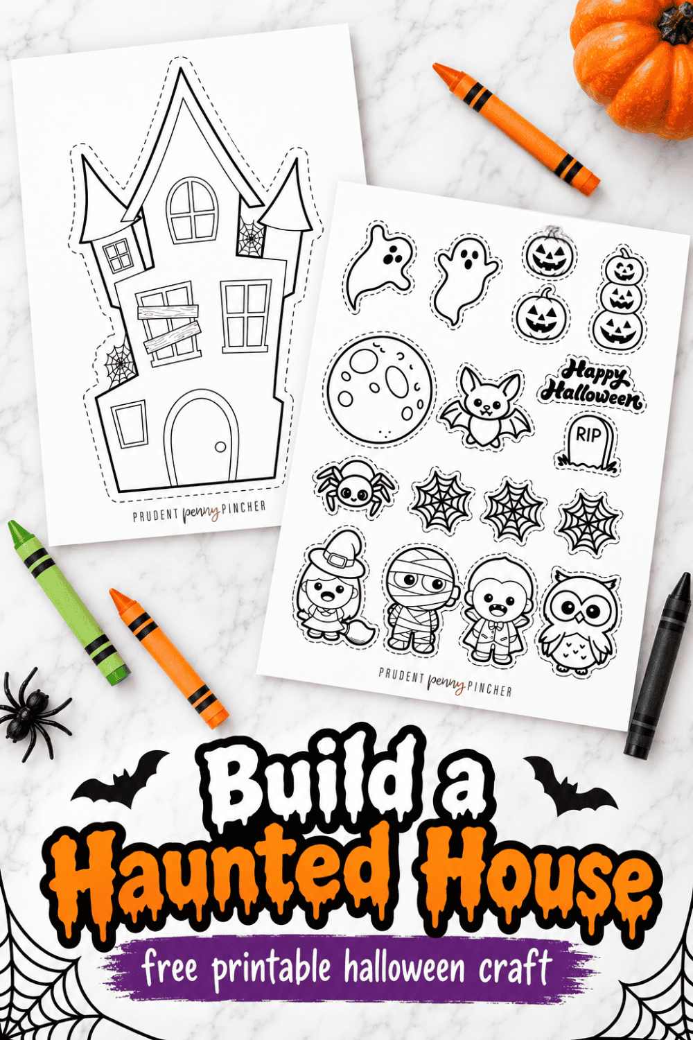 Build a Haunted House printable Pinterest pin with two Halloween craft pages, crayons, and spooky text overlay