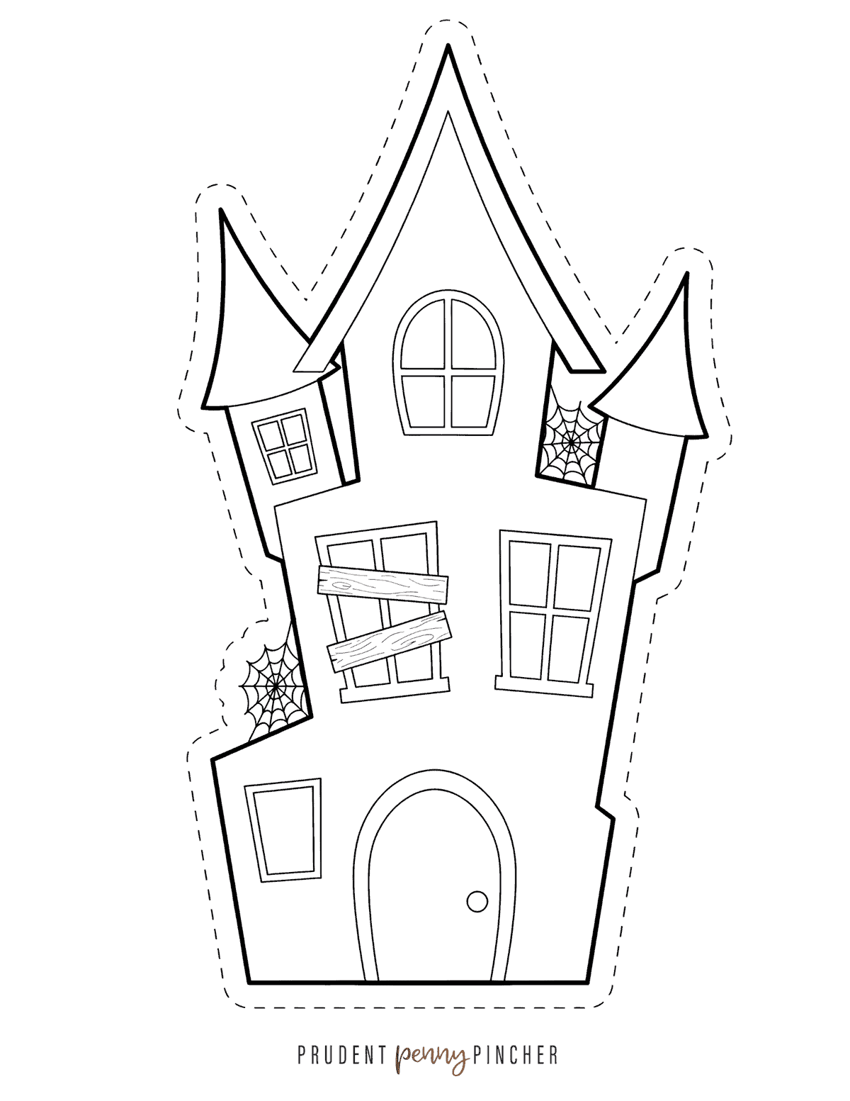 Printable haunted house coloring and cutout page with dashed cutting lines