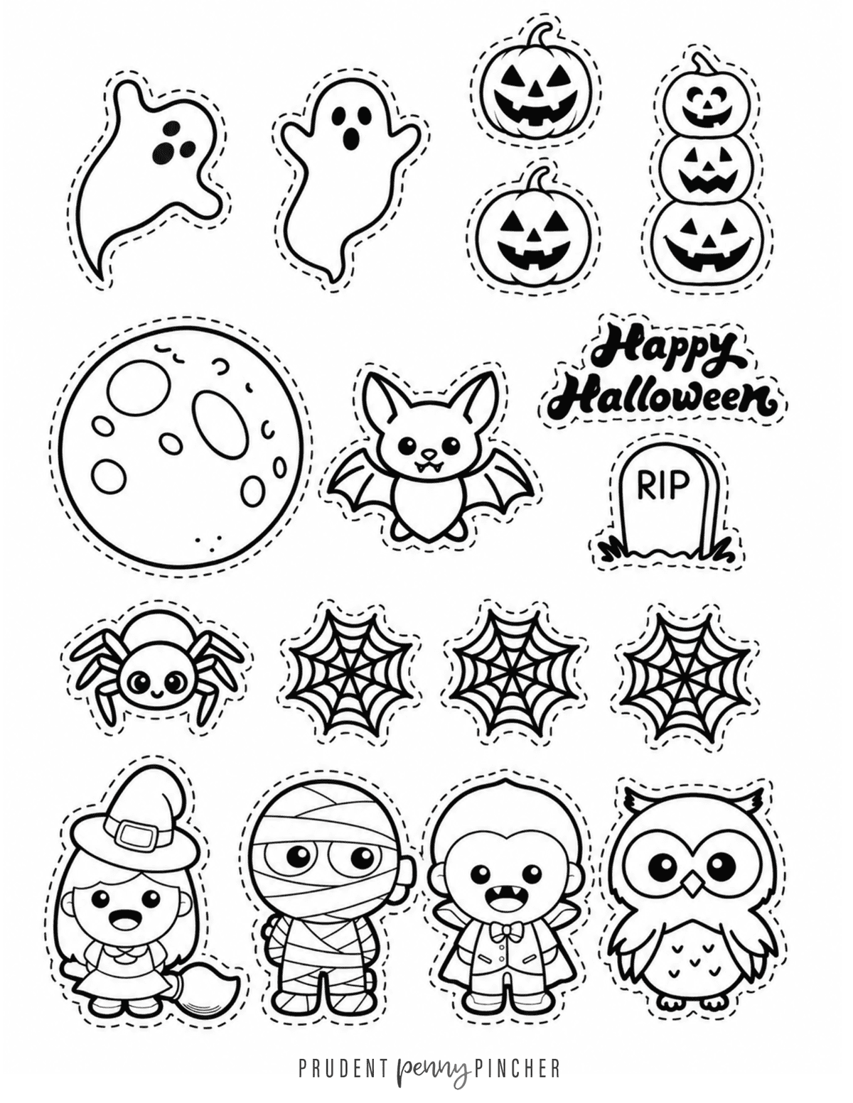 Halloween cut and paste printable with ghosts, pumpkins, bat, spiderwebs, witch, mummy, vampire, and owl