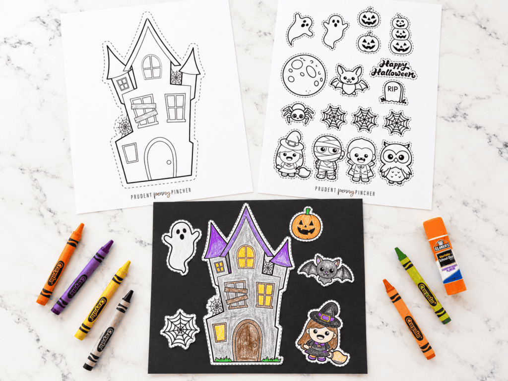 Build a haunted house craft with colored Halloween cutouts arranged on black cardstock