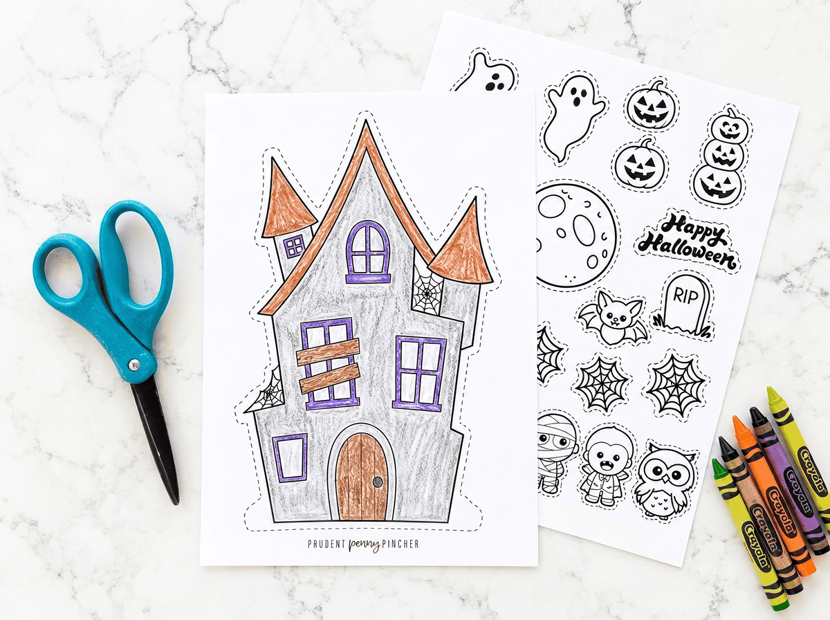 build a haunted house craft printable on marble background