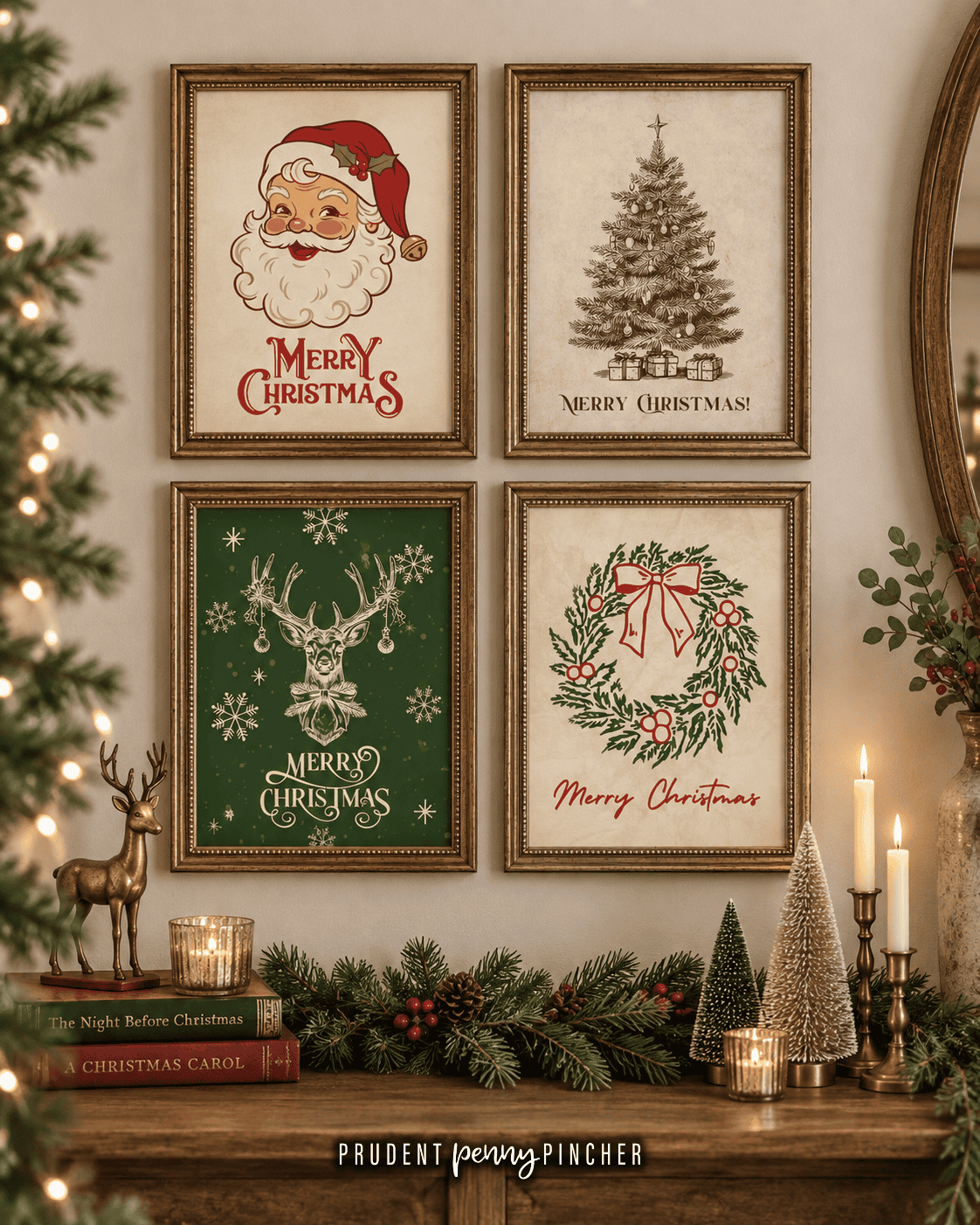 Four vintage Christmas prints in antique gold frames featuring retro Santa, a Christmas tree, a woodland reindeer, and a festive wreath, displayed above a wooden console decorated with garland, candles, and holiday accents.
