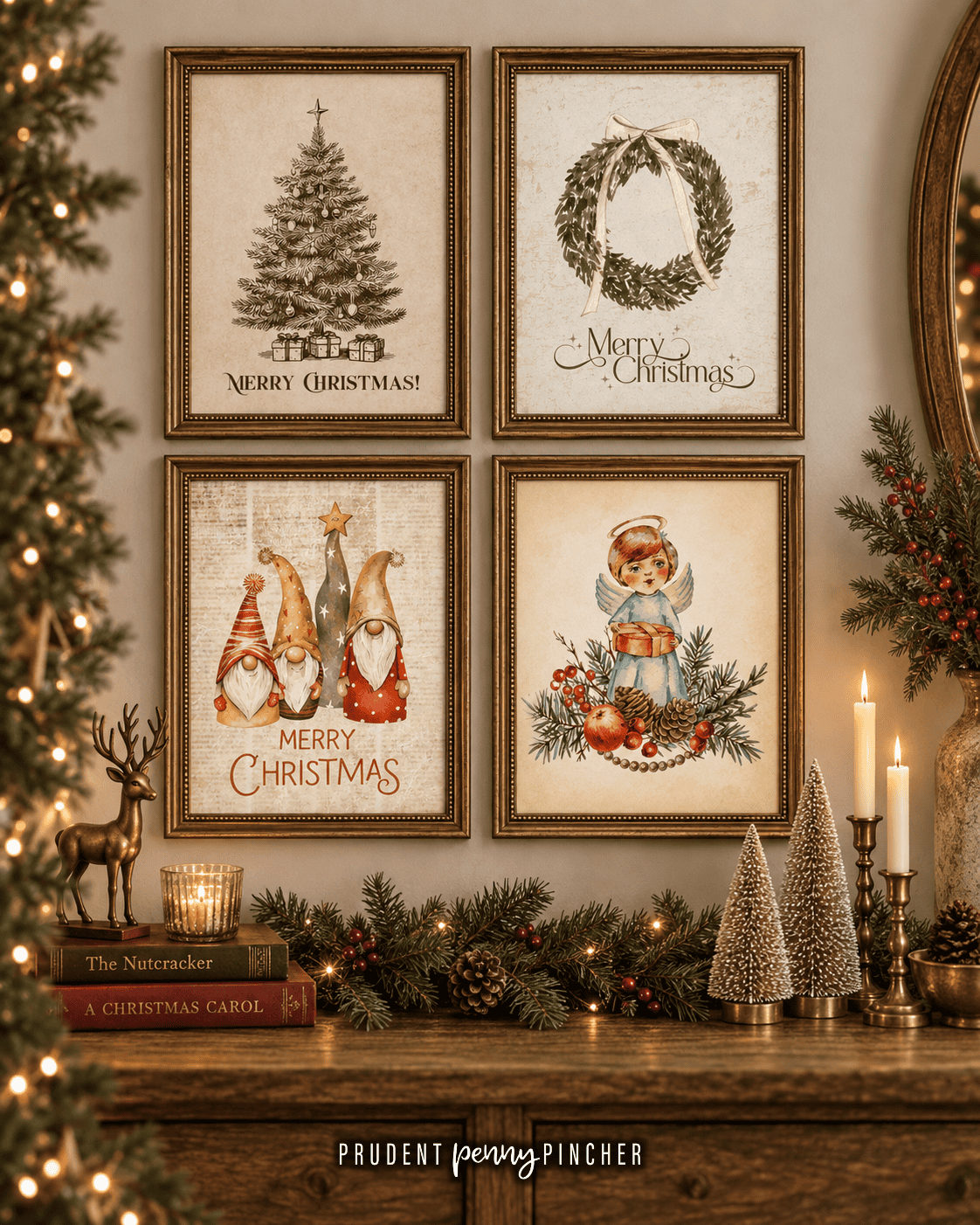 Vintage Christmas gallery wall featuring framed artwork of a traditional Christmas tree, evergreen wreath, festive gnomes, and Christmas angel, styled with antique gold frames, greenery, candles, and rustic holiday decor.