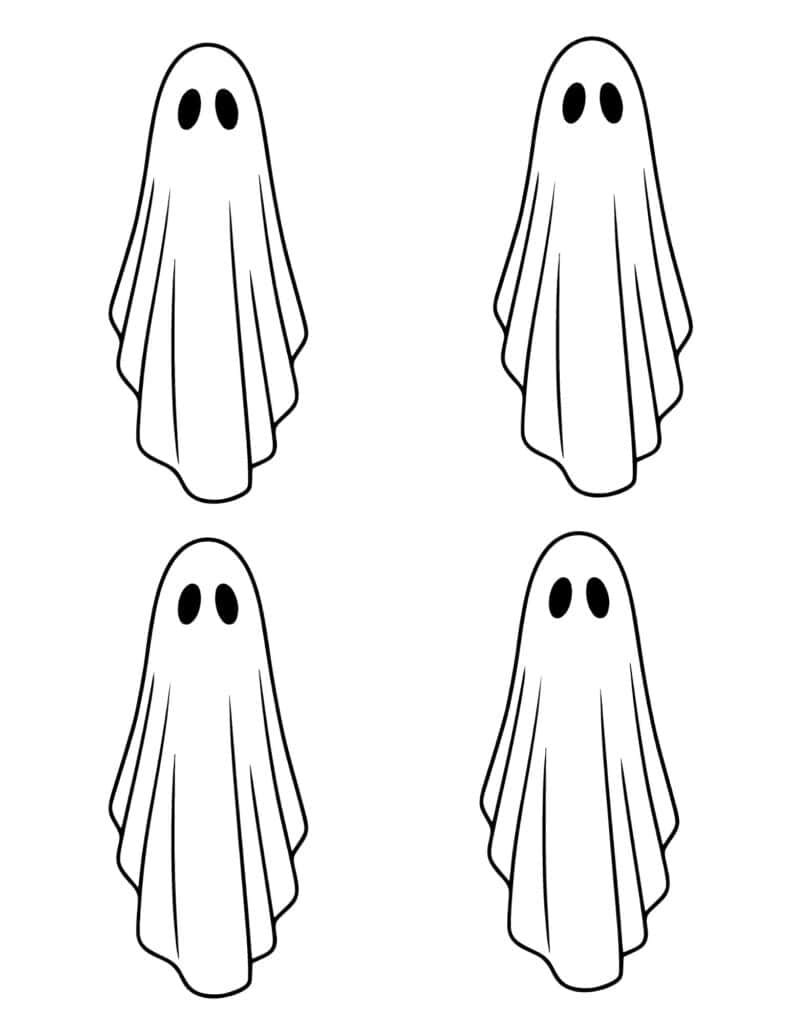 four classic draped ghosts with simple black oval eyes
