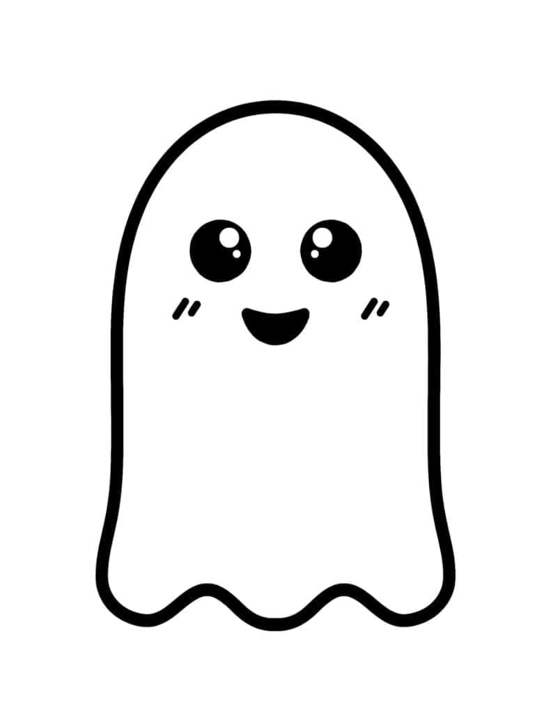 large cute smiling ghost with sparkling eyes and rosy cheeks