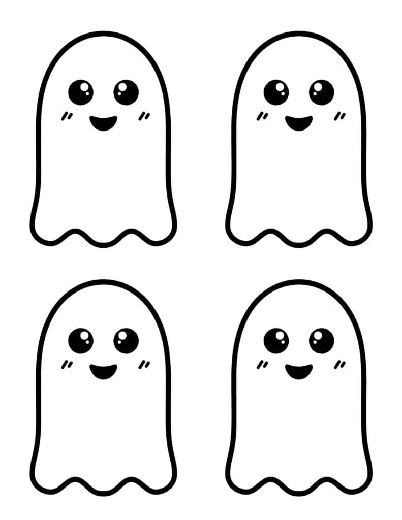 four small cute ghost characters with happy faces