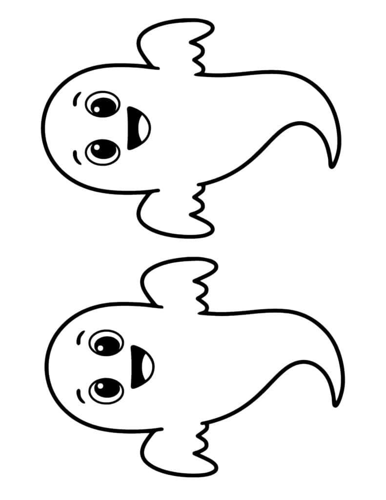 two smiling floating ghosts with long curved tails