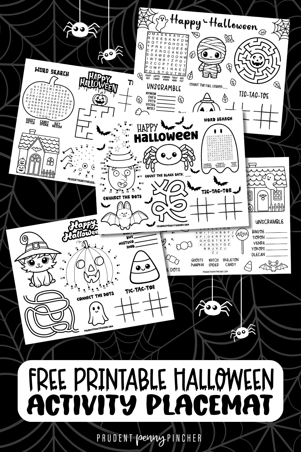 A collage of five free printable Halloween activity placemats with word searches, mazes, connect-the-dots, word scrambles, counting games, and coloring activities.