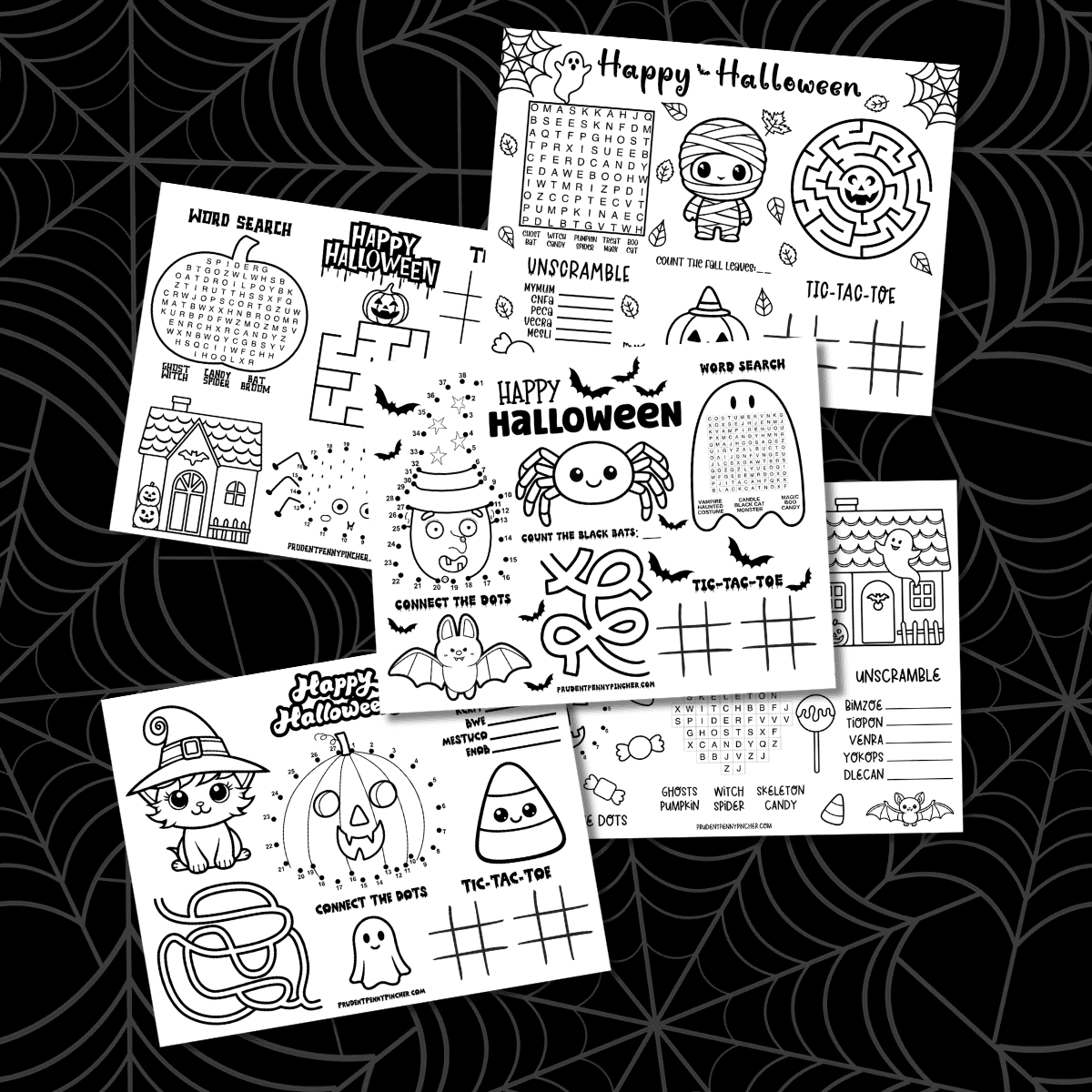 free printable Halloween activity placemats for kids on spider web background