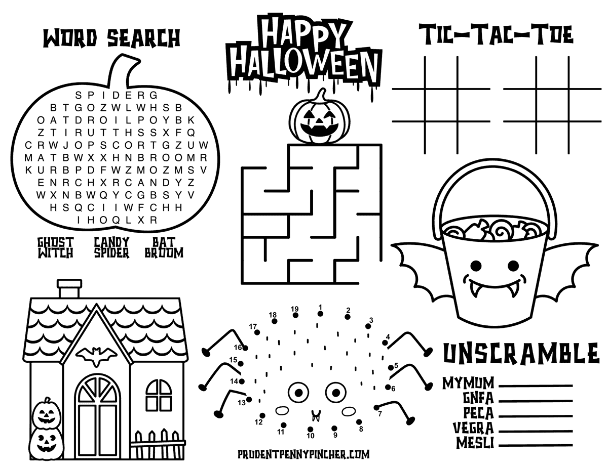 Halloween activity placemat with a pumpkin word search, maze, spider connect-the-dots, word scramble, tic-tac-toe, haunted house, and vampire candy bucket.