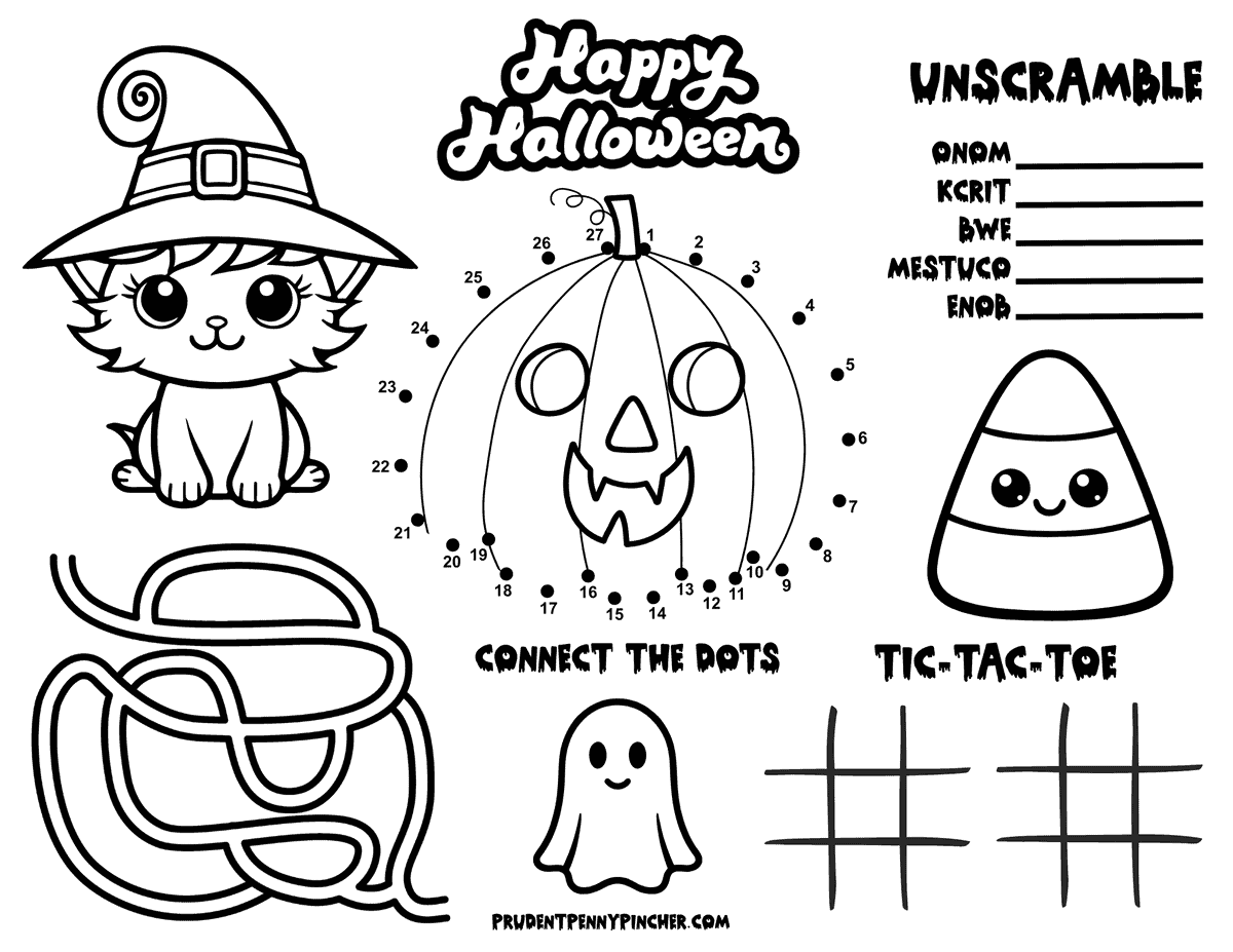 Printable Halloween activity placemat with a witch cat, pumpkin connect-the-dots, word scramble, maze, ghost, candy corn, and tic-tac-toe.
