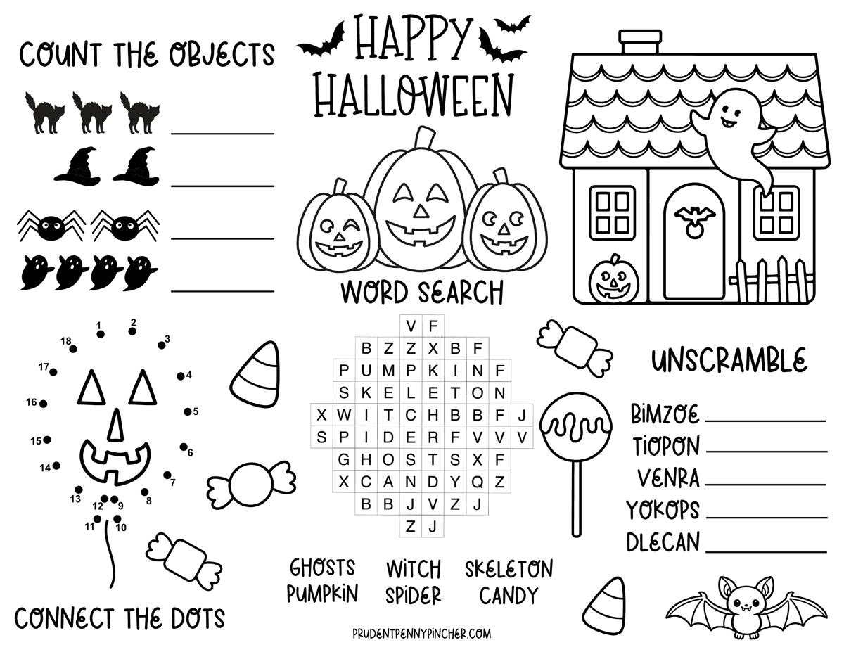 Halloween activity placemat with a counting game, pumpkin balloon connect-the-dots, word search, word scramble, haunted house, ghost, candy, and Halloween coloring.