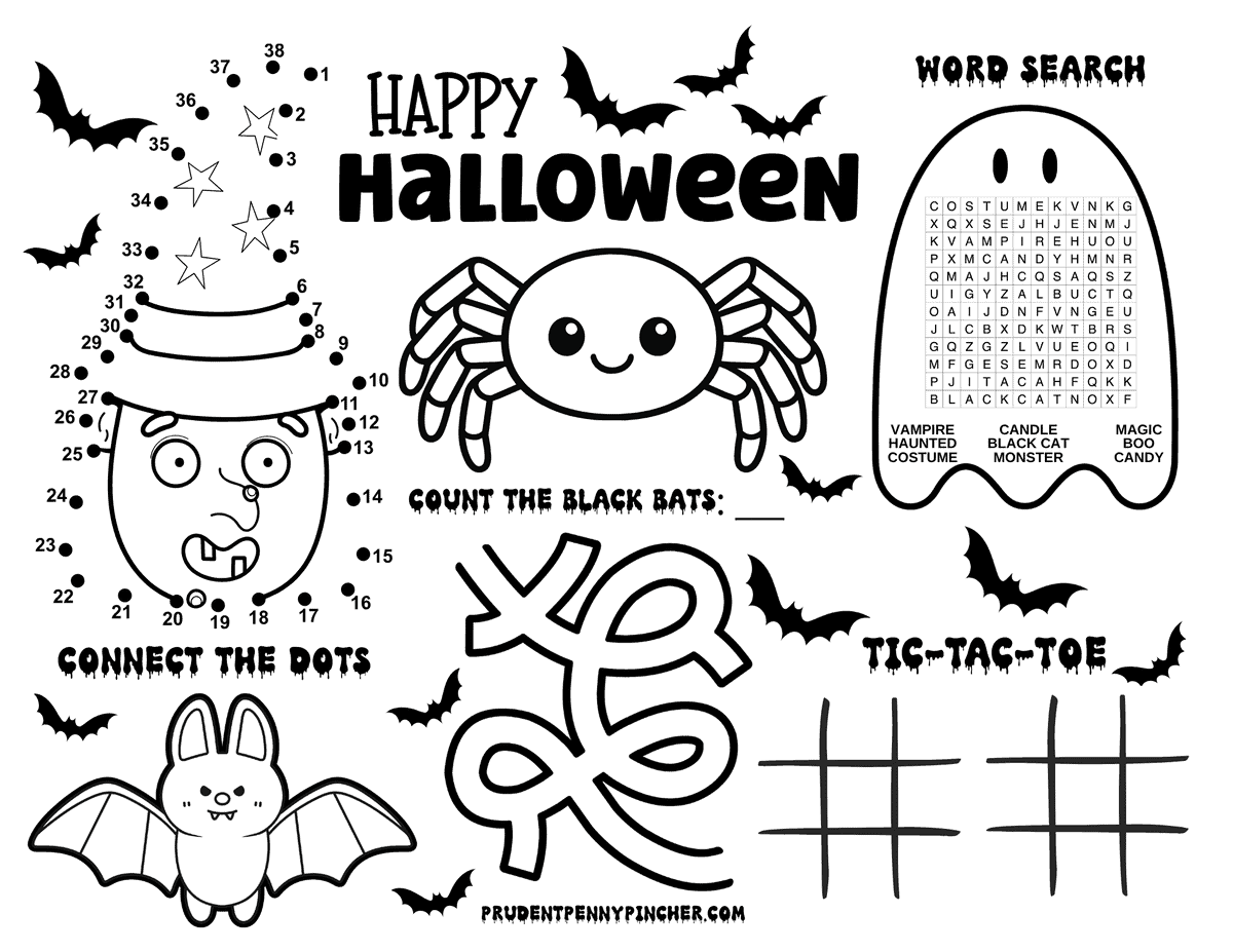 Free printable Halloween activity placemat with a spider, witch connect-the-dots, ghost word search, bat counting game, maze, tic-tac-toe, and bat coloring.