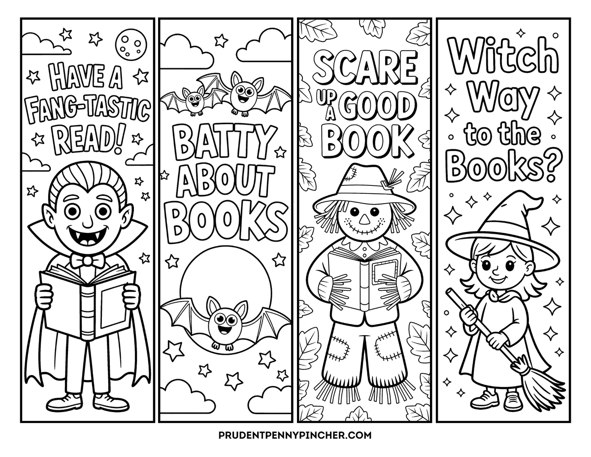 Halloween bookmarks to color featuring a vampire, bats, a scarecrow, and a witch with reading-themed sayings.