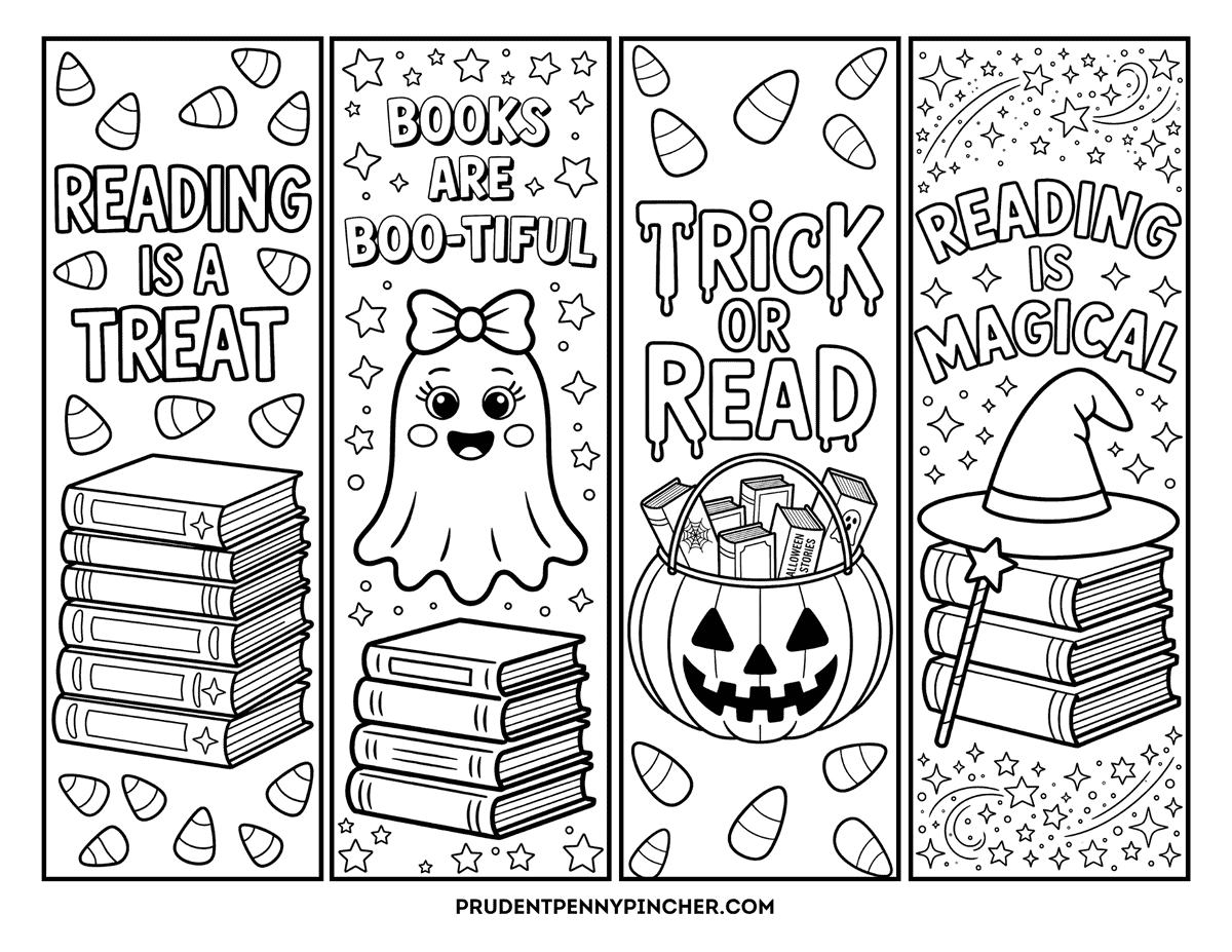 bookmarks featuring candy corn, a cute ghost, a jack-o'-lantern filled with books, and a witch hat