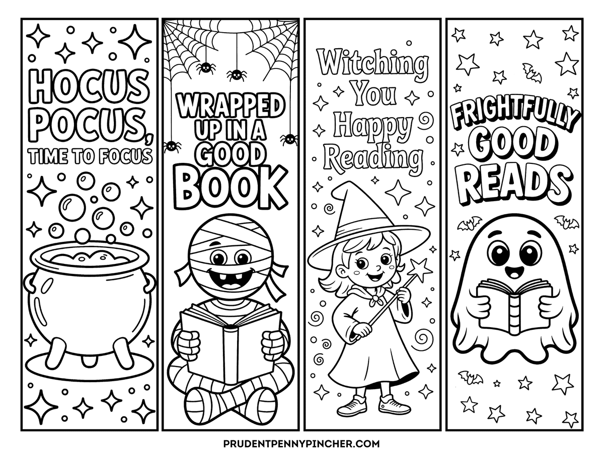 bookmarks to color featuring a bubbling cauldron, mummy reading a book, witch with a wand, and cute reading ghost.