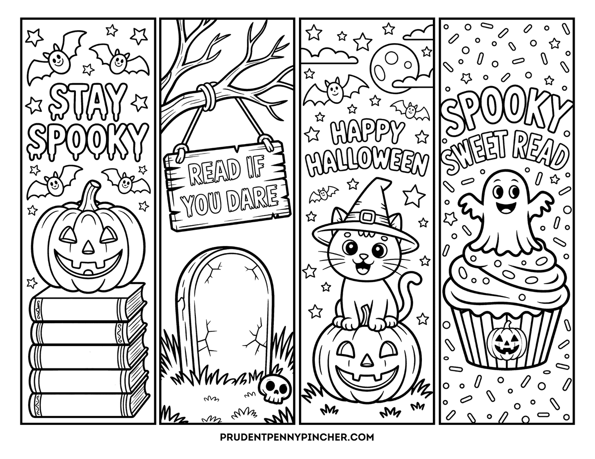 printable Halloween bookmarks featuring a jack-o'-lantern on books, spooky graveyard, witch-hat cat, and ghost cupcake.