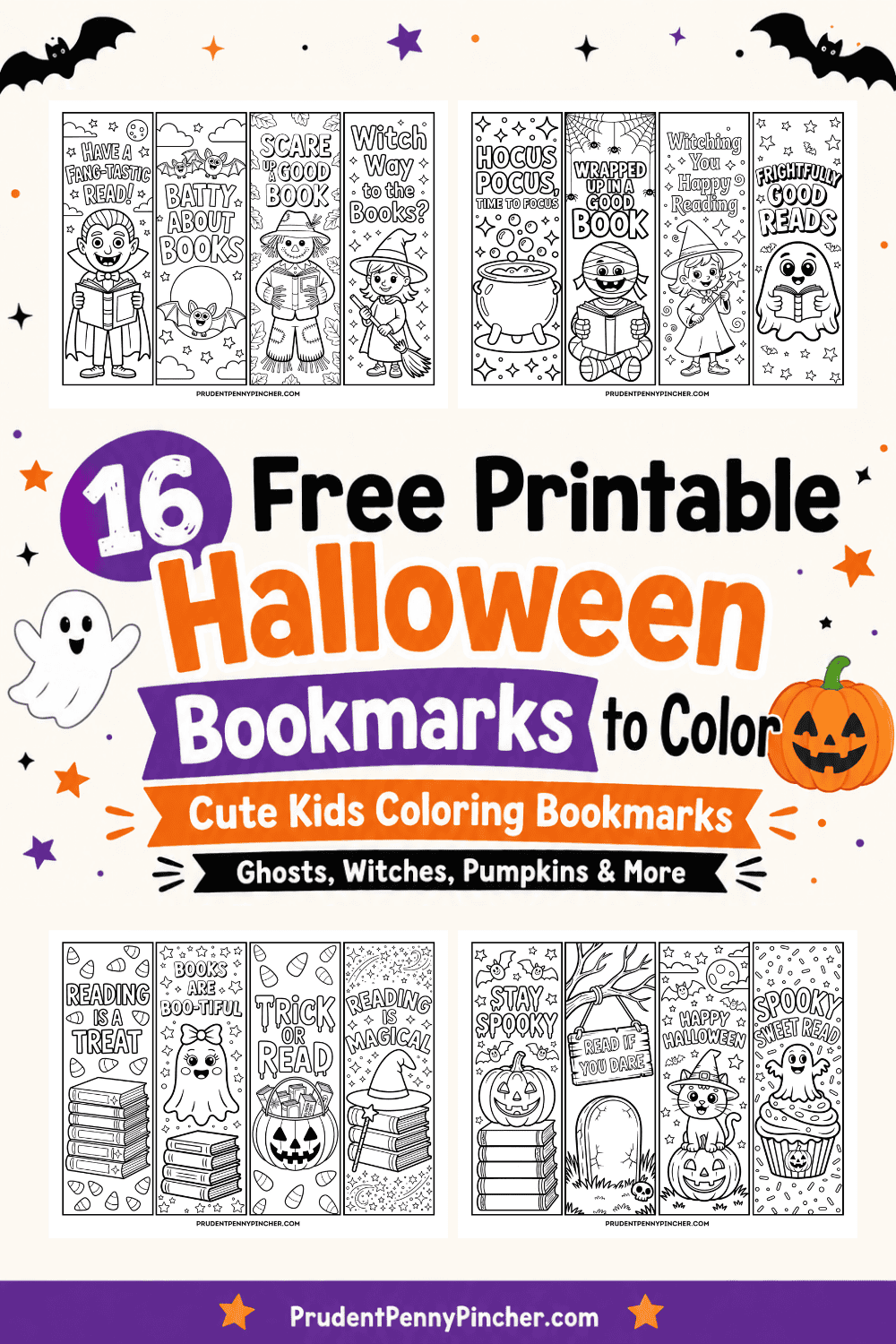 A collage of 16 free printable Halloween bookmarks to color for kids featuring ghosts, witches, pumpkins, bats, books, and spooky reading sayings.