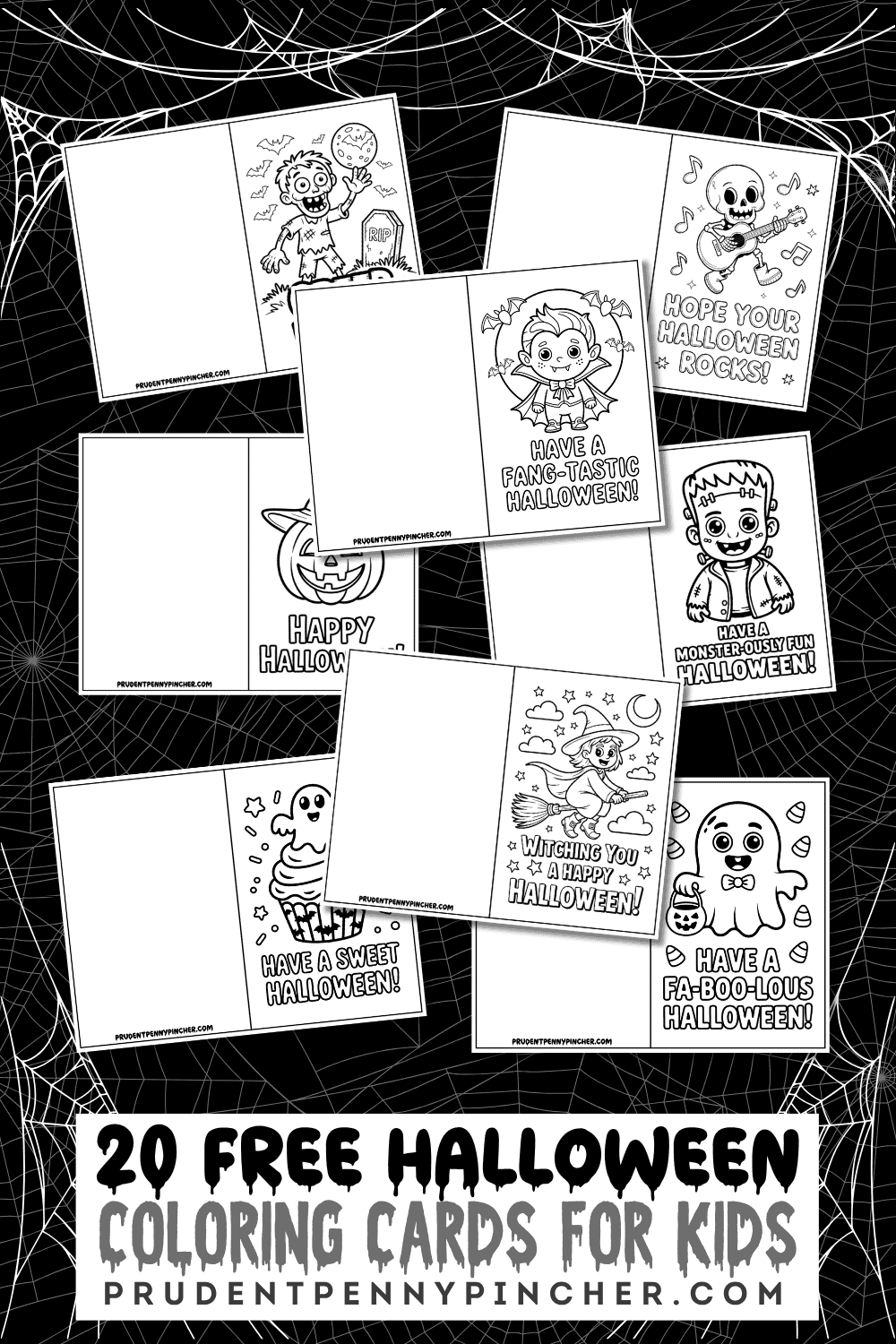 Collage of free printable Halloween coloring cards for kids featuring ghost, witch, pumpkin, vampire, monster, and more.