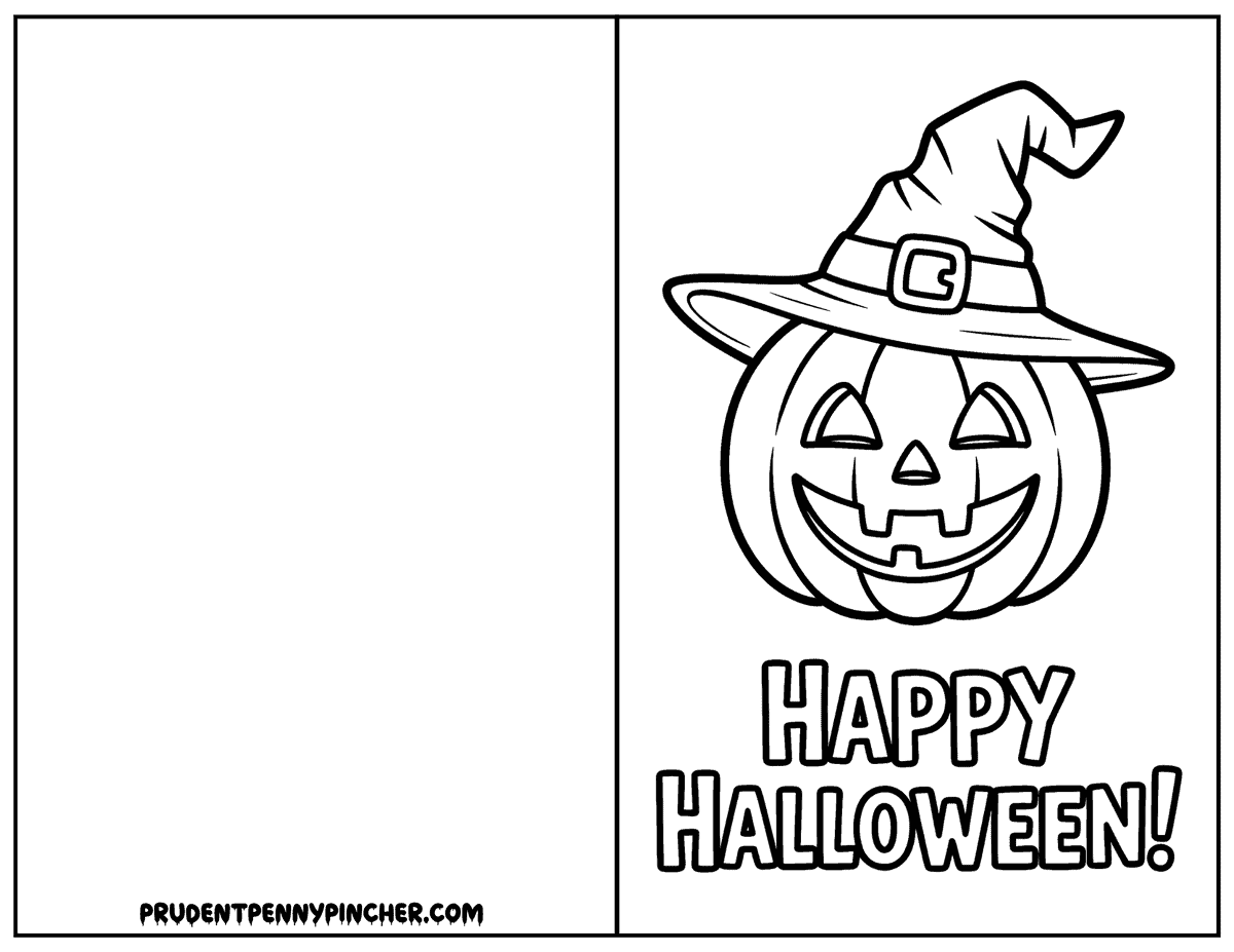 jack-o'-lantern wearing a crooked witch hat with a Happy Halloween greeting