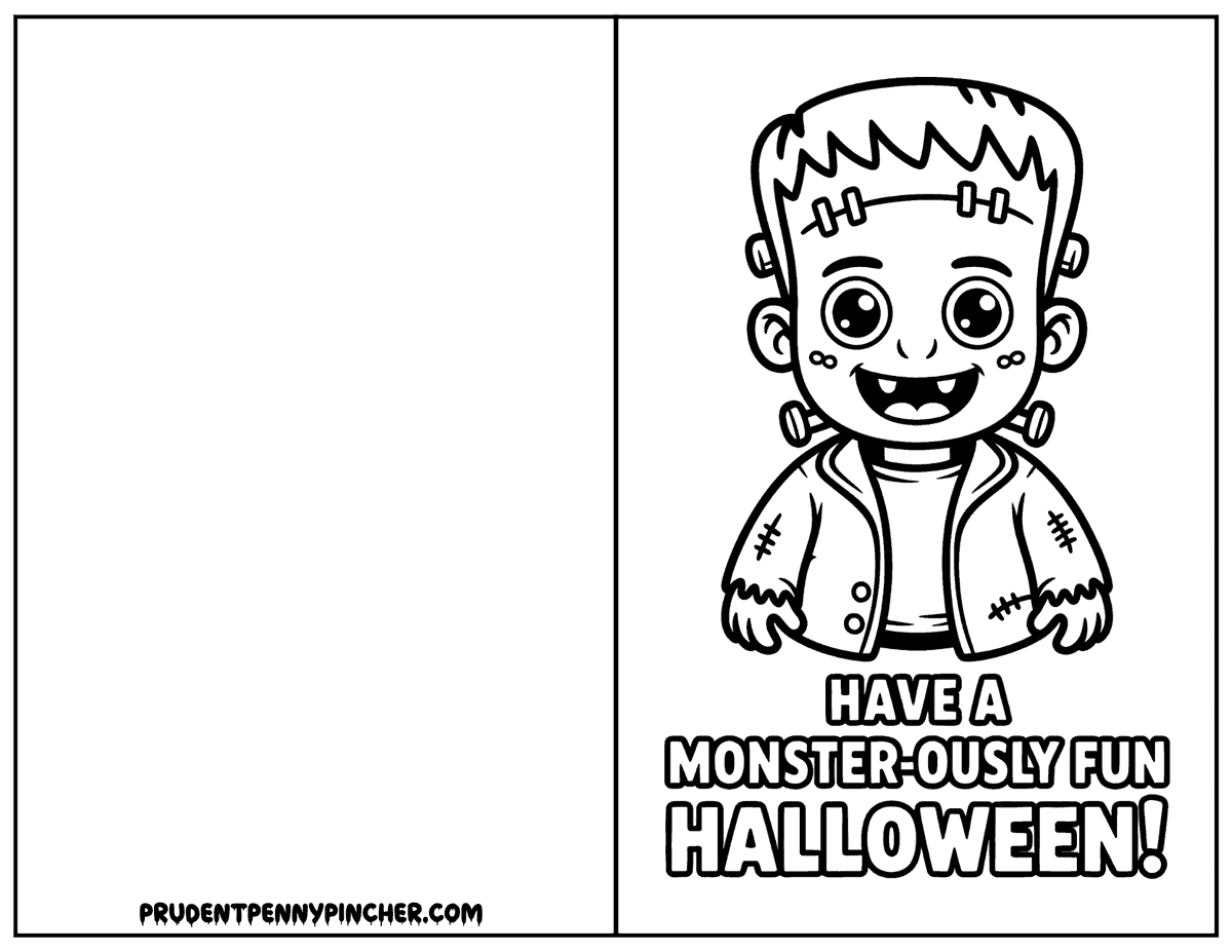 Smiling Frankenstein-style monster halloween coloring card