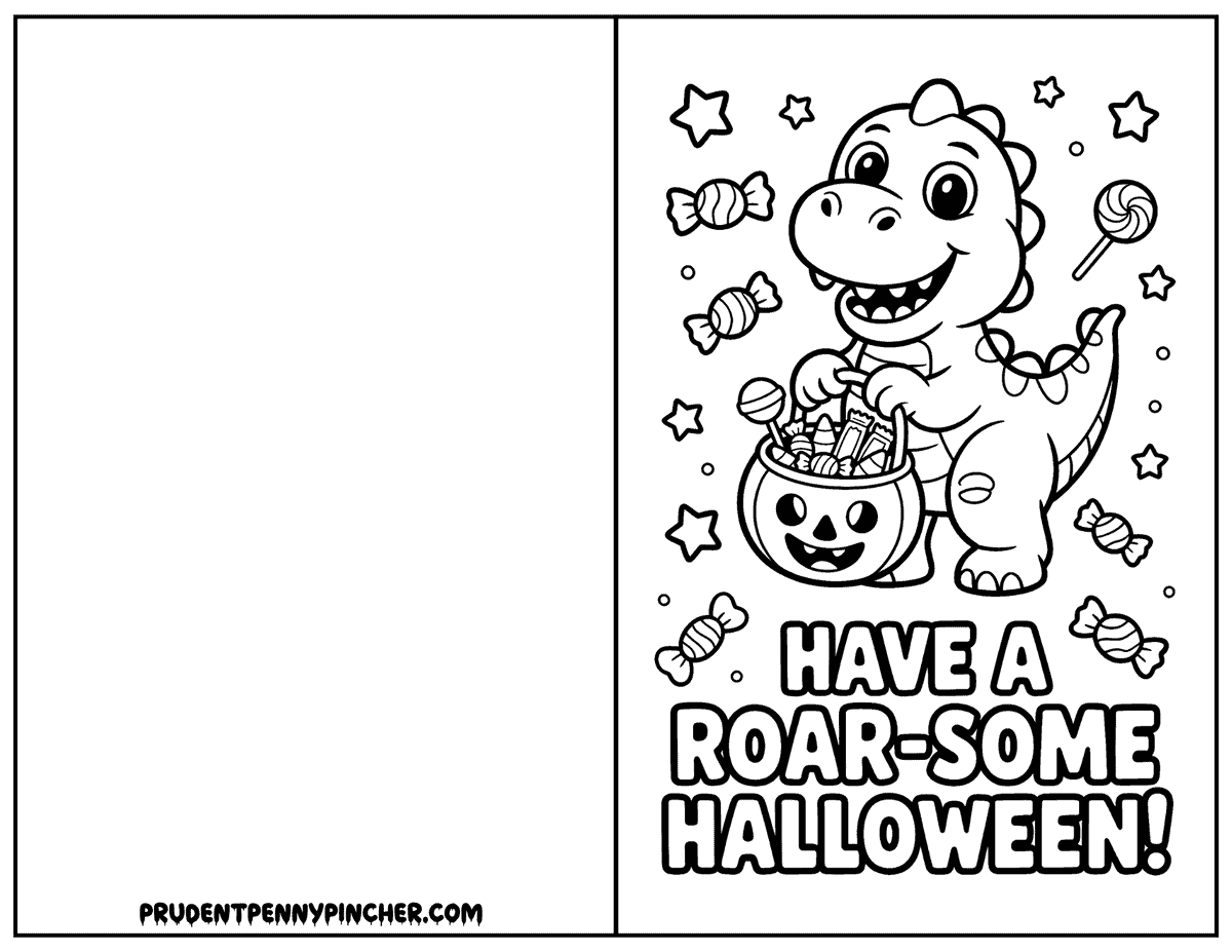 Cute dinosaur holding a pumpkin candy pail