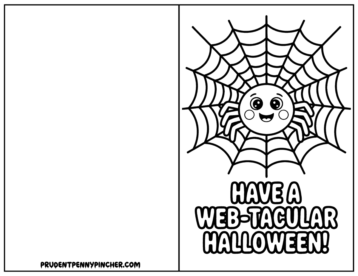 Smiling spider hanging in a large web halloween card to color